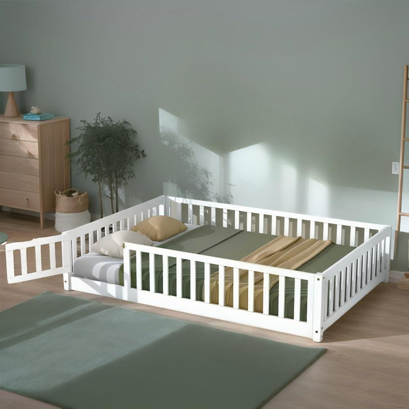 Full Size Floor Bed With Fence And Door,rubber Wood Floor Bed W/safety Guardrails/near The Ground,easy To Assemble & No Box Spring Needed,white