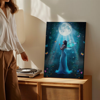 Canvas A Mystical Fairy Stands Gracefully In A Lush Enchanted Forest Wall Art Illuminated By A Soft Ethereal Glow From A Full Moon Canvas Wall Art