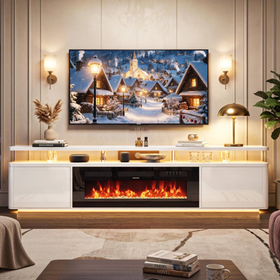 Meuble télé 90 po avec lumière DEL et foyer électrique de 50 po, console média blanche brillante moderne avec tablette ouverte et armoire de rangement