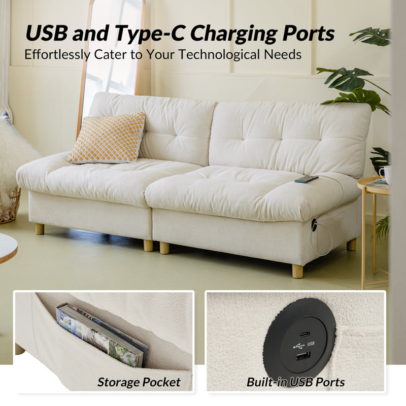  Bauch Modern 81"Wide Upholstered Tufted Back Loveseat Sofa With 2 Usb Charging Ports, Beige