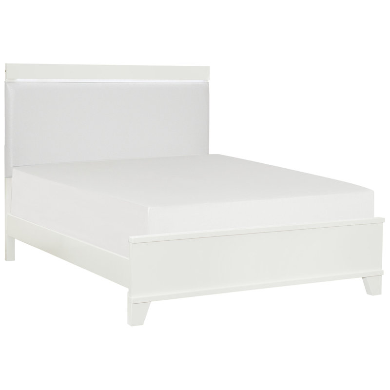 Lit double moderne avec tête de lit en similicuir blanc brillant et tête éclairée à DEL, Lit double