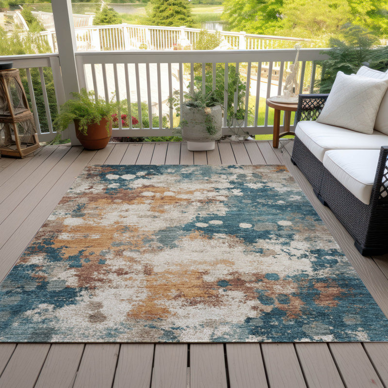 Tapis bleu sarcelle lavable à la machine intérieur / extérieur Xhevrie, Rectangle 10 pi x 14 pi