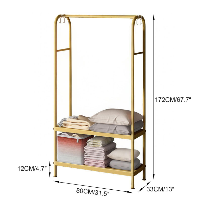 Portant à vêtements robuste avec support et porte-vêtements, Doré