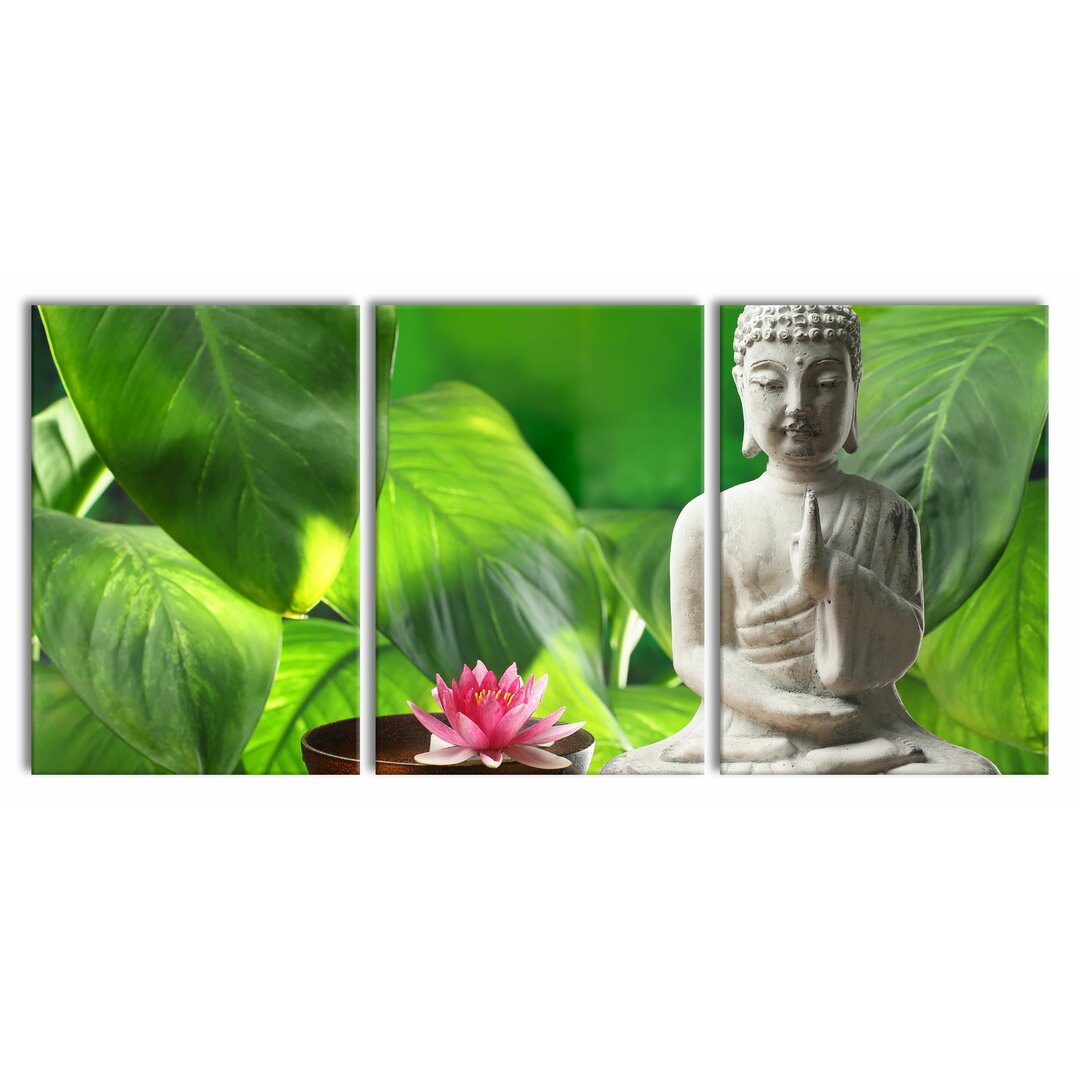 3-tlg. Leinwandbilder-Set Seerose Buddha Statue