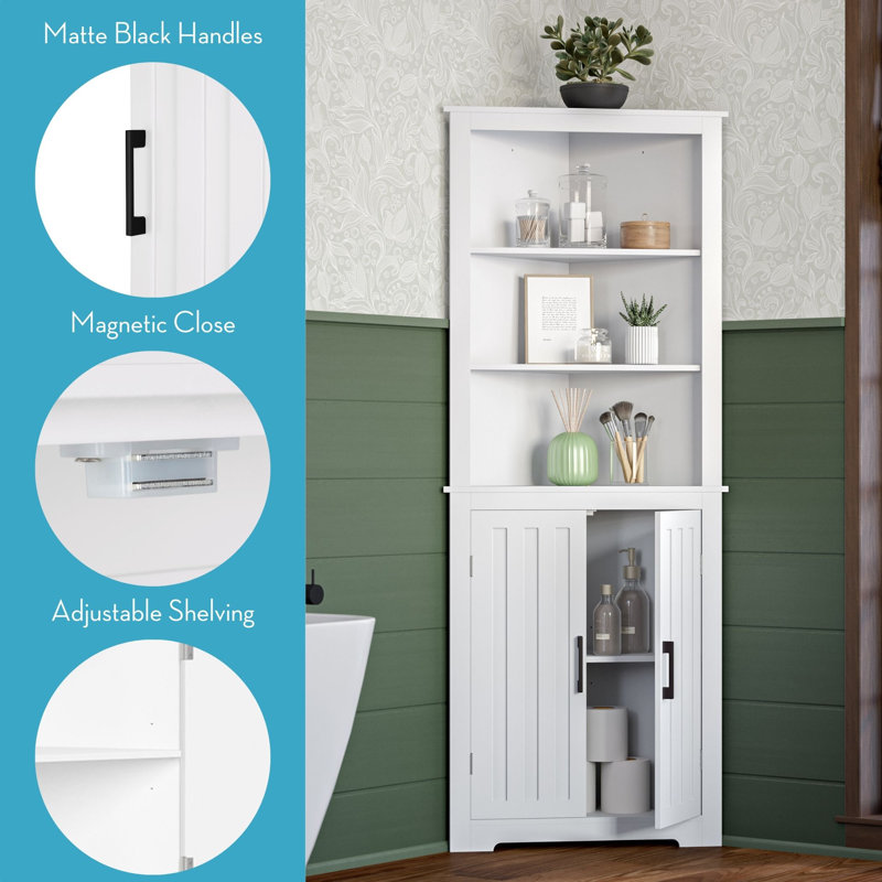 White Tall Corner Storage Cabinet with Adjustable Shelving