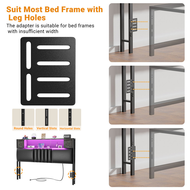 Tête de lit rembourrée avec rangement en polyuréthane avec lumières DEL et station de charge, Chêne gris, Lit simple