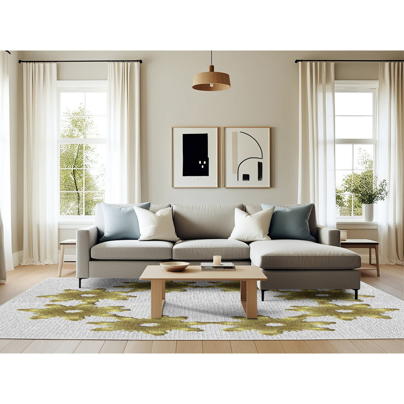 Tapis vert/blanc cassé tissé à la machine, Rectangle 6 pi x 9 pi