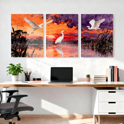 Ensemble de 3 toiles murales représentant des aigrettes au coucher du soleil