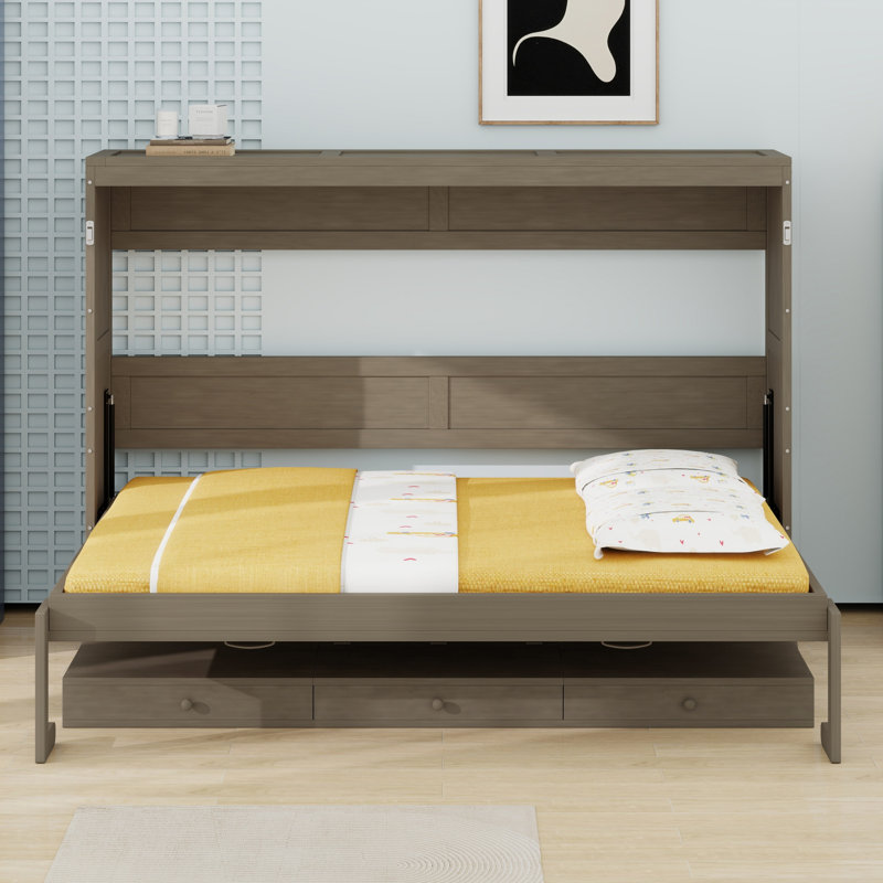 Lit escamotable mural avec rangement, armoire-lit pliable avec bureau, miroir central et tiroirs latéraux, Gris patiné