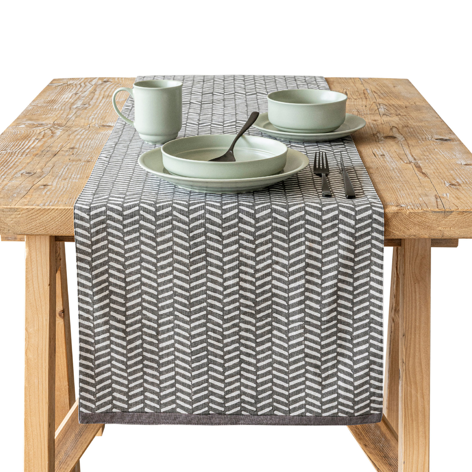over&back Hand-Blocked Table Runner, 18" W x 90" L, Grey Herringbone