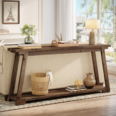 62.99" Solid Wood Sofa Console Table With 2-Tier Storage Shelves For Living Room, Entryway