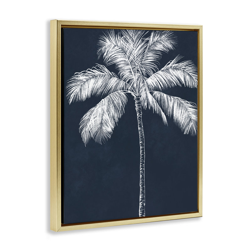 «Blue Palm Tree Floater», art mural par Leah Noel Art, H 21 po x l 17 po, Cadre flottant métallique doré