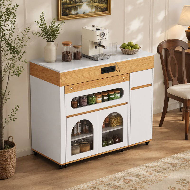 Table de salle à manger extensible avec plateau pliable extra-long, îlot de cuisine roulant avec tiroirs, prise de courant et verrou de frein, armoire de rangement pour la cuisine et la salle à manger (naturel et blanc crème)