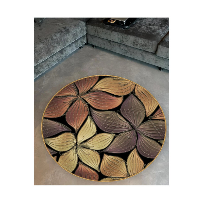 Beige And Coffee Tones Floral Patterned Woven Base Decorative Carpet, Round 3'4"
