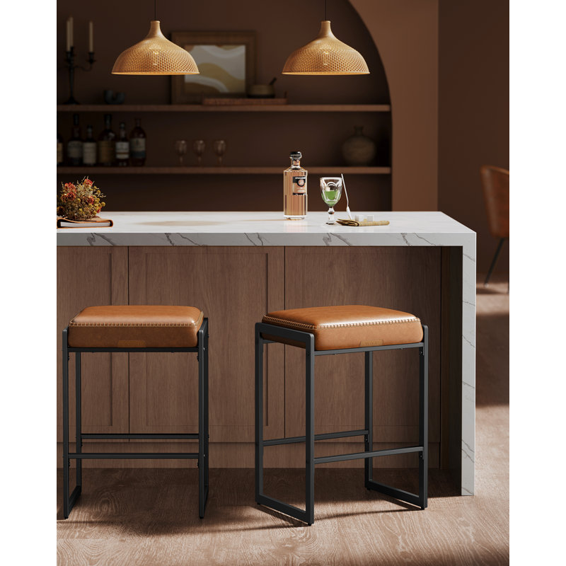 Bar Stools Set of 2, Counter Height Bar Stools, Synthetic Leather with Stitching, Orange