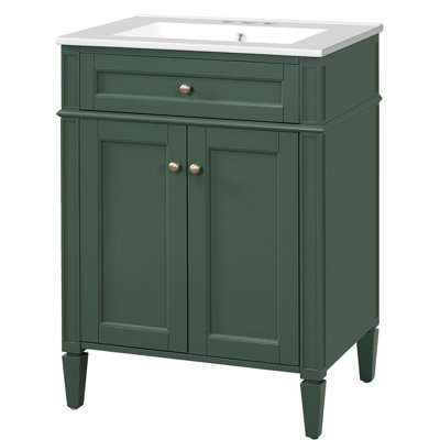 Meuble-lavabo de 24 pouces avec 2 portes et un tiroir, des caractéristiques de rangement bien pensées, une fabrication en bois massif, un lavabo en céramique facile à nettoyer, des solutions intelligentes de style français, des rails de tiroir coulissants et une fermeture en douceur