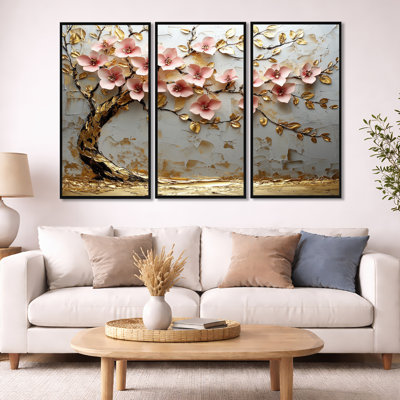 Pink And Gold Cherry Blossom Tree By The Lake III - Cherry Blossom Printed Canvas Wall Art Set