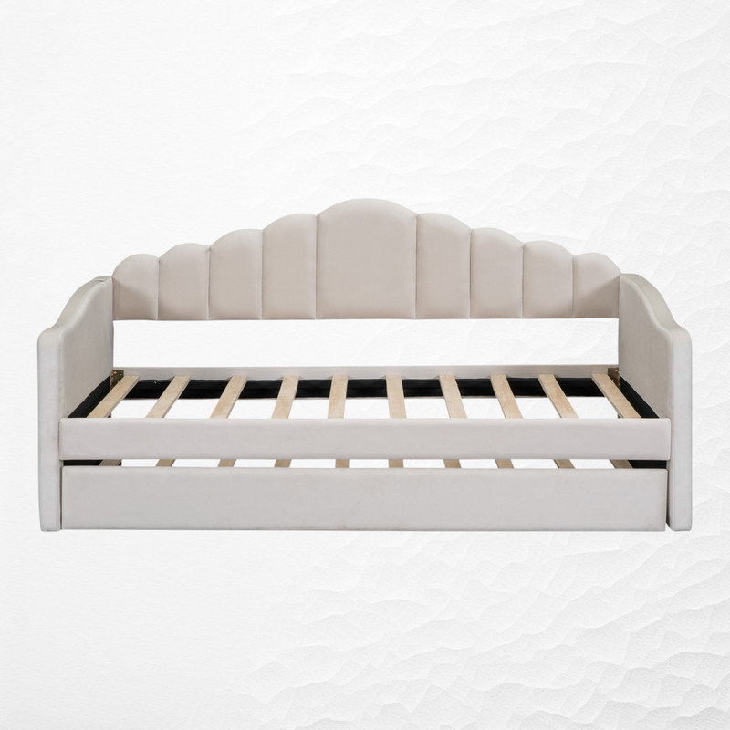 Twin Day Bed with Trundle, Velvet Daybed with USB Charging Ports on Right Armrest, Beige