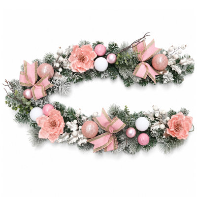 Guirlande de Noël de 6 pi avec fleurs artificielles magnolia rose, 20 lumières DEL, 8 modes et minuterie 6H-On / 18H-Off pour escalier de cheminée