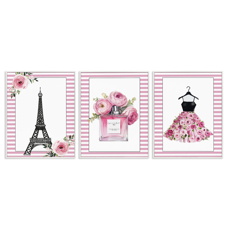 «Parisian Glam with Stripes», ensemble de 3 giclées encadrées, design par Christine Simpson Art, H 14 po x l 11 po