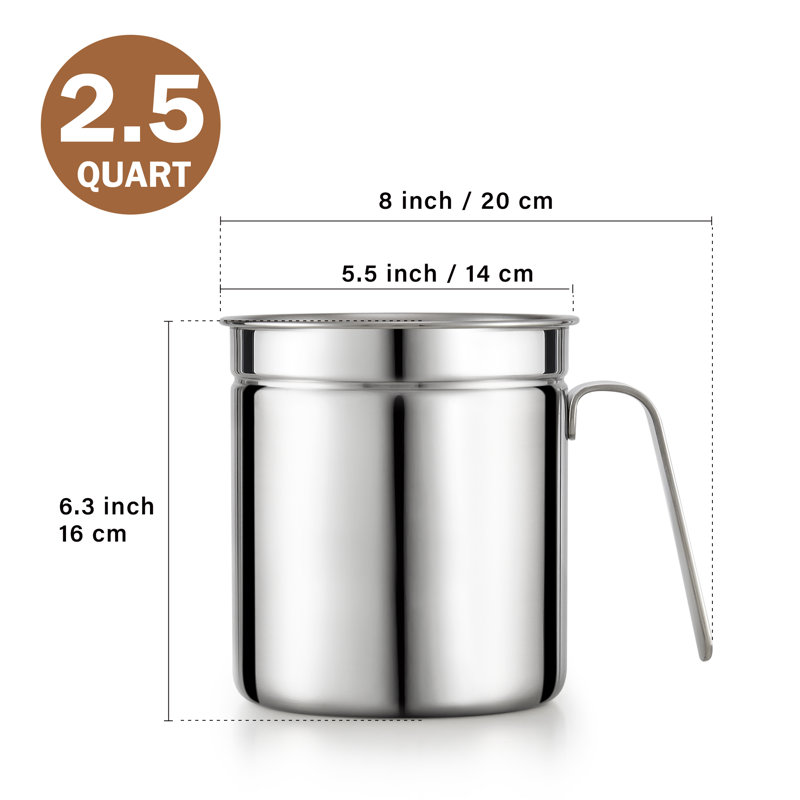 Cook N Home Bacon Grease Container With Strainer, Stainless Steel Oil Grease Storage Can 2.5 Quart, Pot Fat Storage With Lid, Easy Grip Handle Suitable For Storing Frying Oil And Cooking Grease 