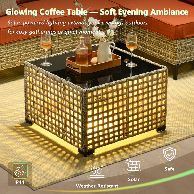 Sorella 2 - Person Outdoor Seating Group With Cushions, Outdoor Rattan Wicker Conversation Set With Glowing Coffee Table