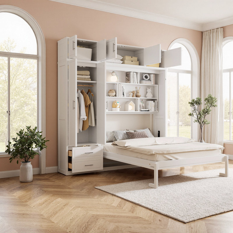 Grand lit escamotable mural avec tablettes du haut et garde-robe, White