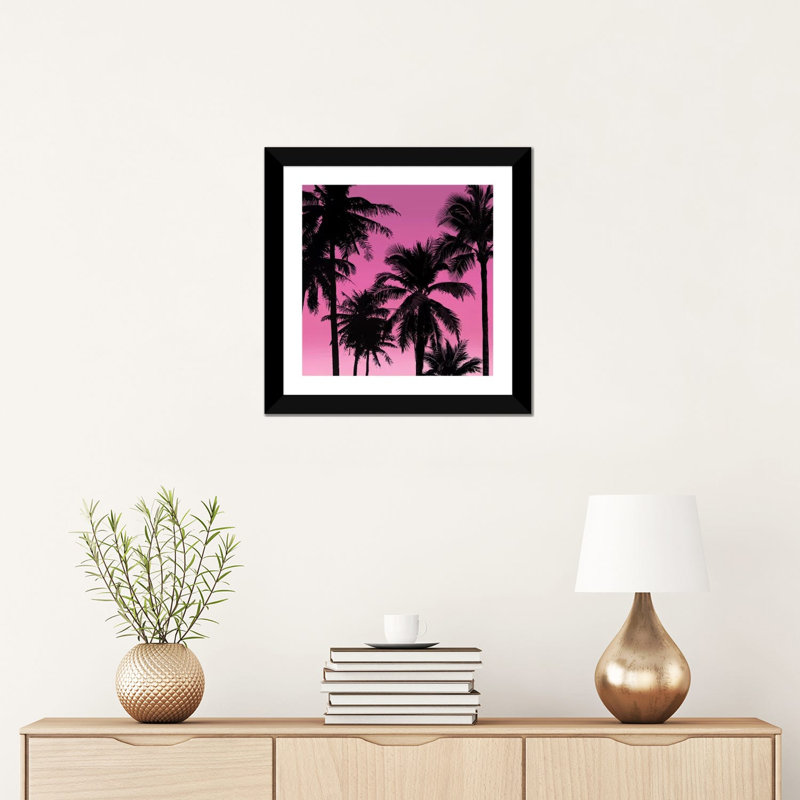 "Palmiers-noir sur Rose II" par Mia Jensen-reproduction de photo, H 16 po x l 16 po x p 1 po, Papier noir, Blanc