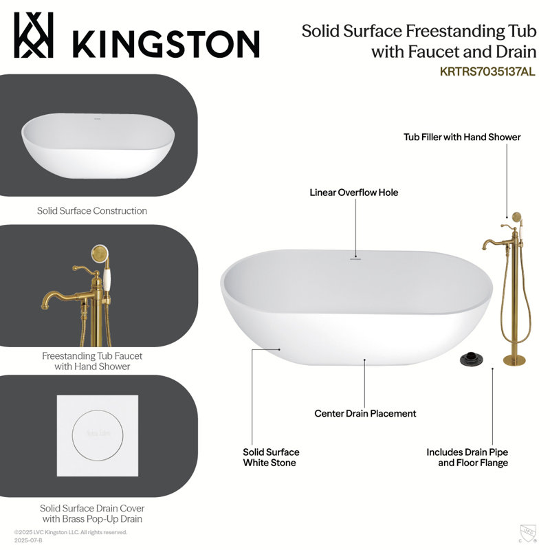 Kingston Brass Arcticstone 70-Inch Solid Surface Oval Double Ended Freestanding Tub With Faucet Combo And Drain