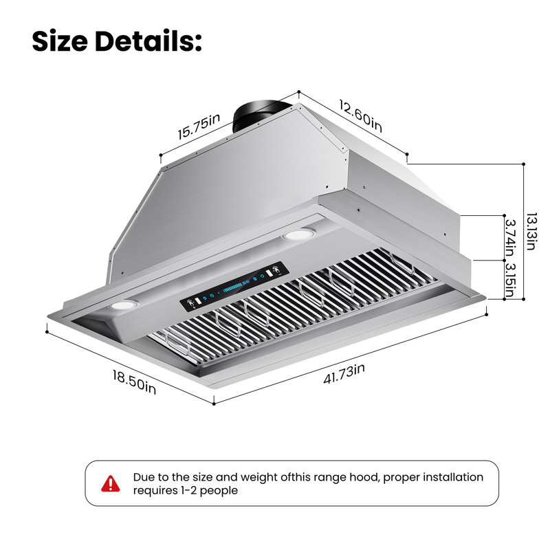 Hotte de cuisine encastrable 42 pouces 900 CFM en acier inoxydable avec contrôle des mouvements et garantie à long terme, 42"