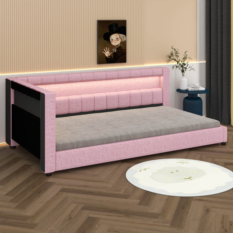 Modern Upholstered Platform Bed Frame With USB Ports,  Floor Sofa Day Bed With Storage Headboard, Twin XL, Pink