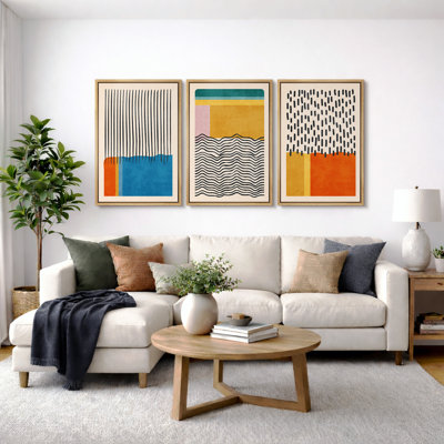 «Abstract Vibrant Color Blocks», œuvre d'art moderne de style Mid-Century, images murales multicolores géométriques, ensemble de 3 impressions sur toile encadrées