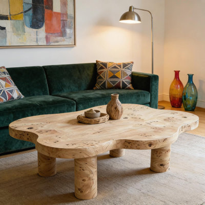 Table basse de 40 po en bois avec 4 pieds ronds, petite table basse mignonne, table centrale irrégulière unique pour le salon, appartement