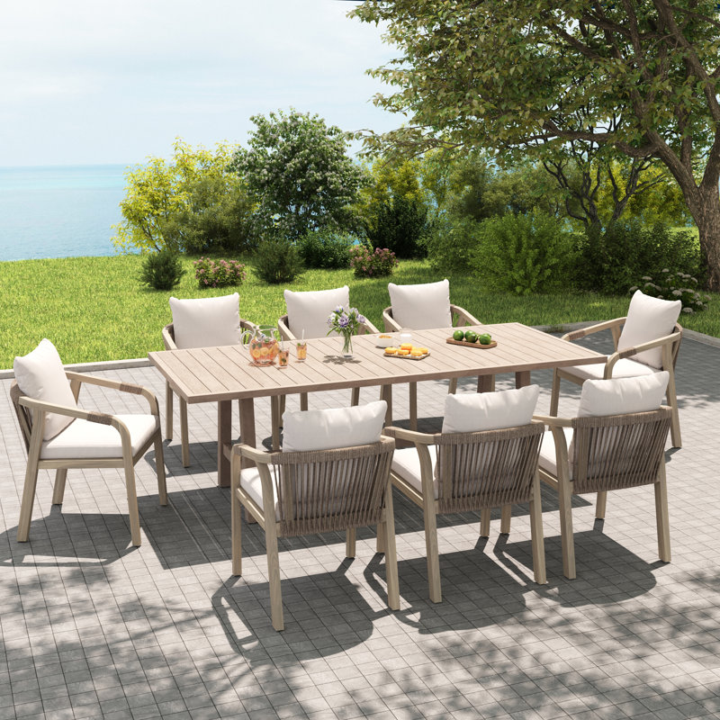 Ensemble de salle à manger d'extérieur en bois pour 8 personnes avec coussins Felsenthal, Beige, 39.3" H x 90.5" W x 29.9" D