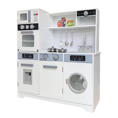 Cuisine de jeu en bois pour enfants avec lumières et sons de cuisinière, évier, four, micro-ondes, machine à glaçons, armoires de rangement, jeu de cuisine pour enfants de 3 ans et plus