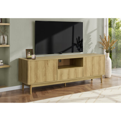 Meuble télé, console de 72 po, armoire de rangement, tiroir de rangement, centre multimédia, salon, chambre à coucher, stratifié noyer clair, style Mid-Century