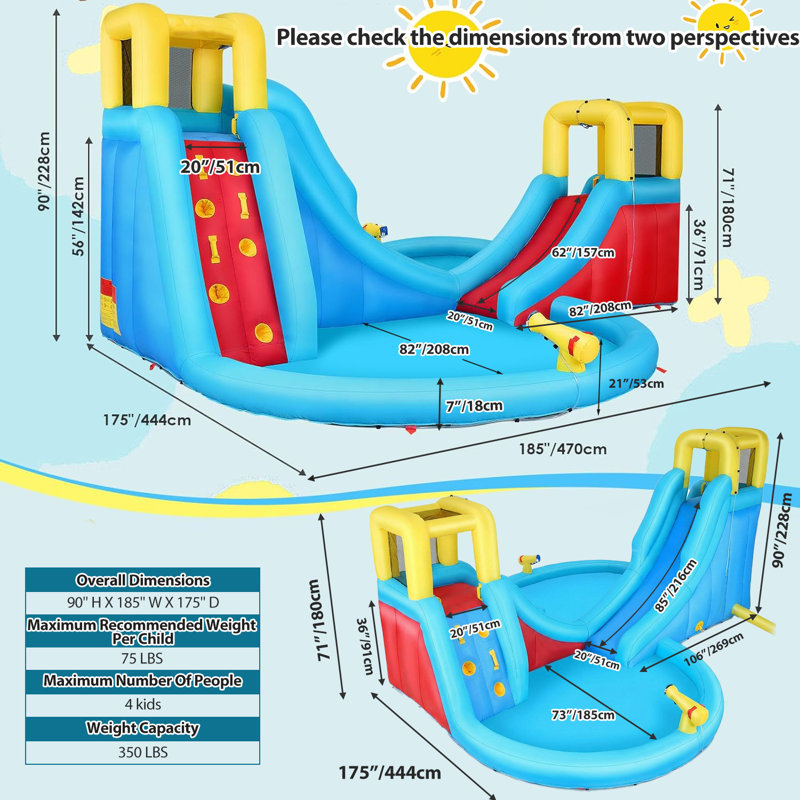 15.4' x 14.6' Bounce House with Air Blower & 2 Water Slides & 2 Splash Pools & 2 Climbing Walls