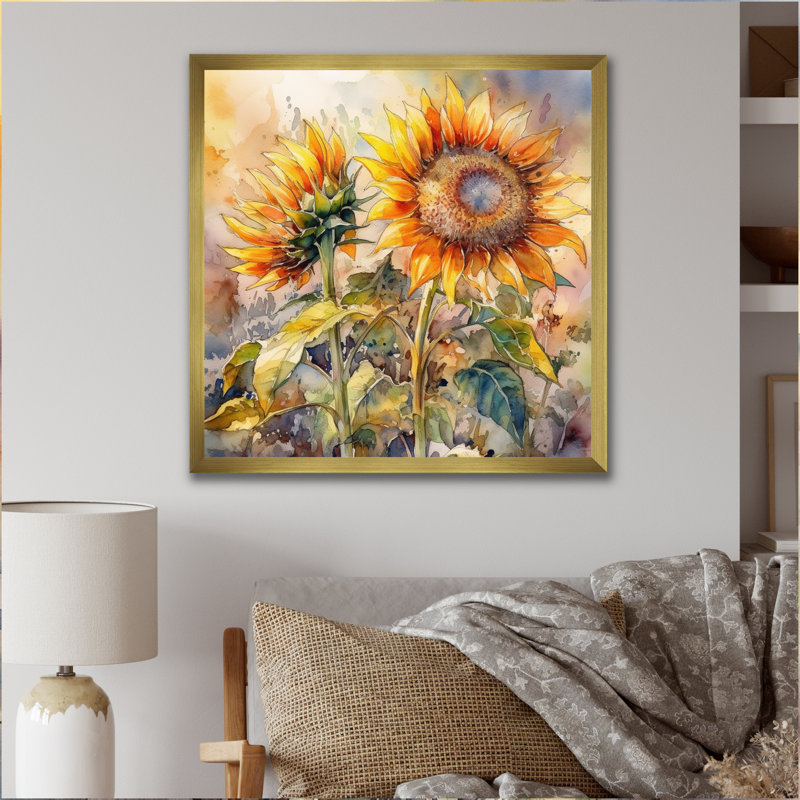 Tournesol jaune, symphonie III sur toile, Cadre doré simple, H 30 po x l 30 po x P 1 po