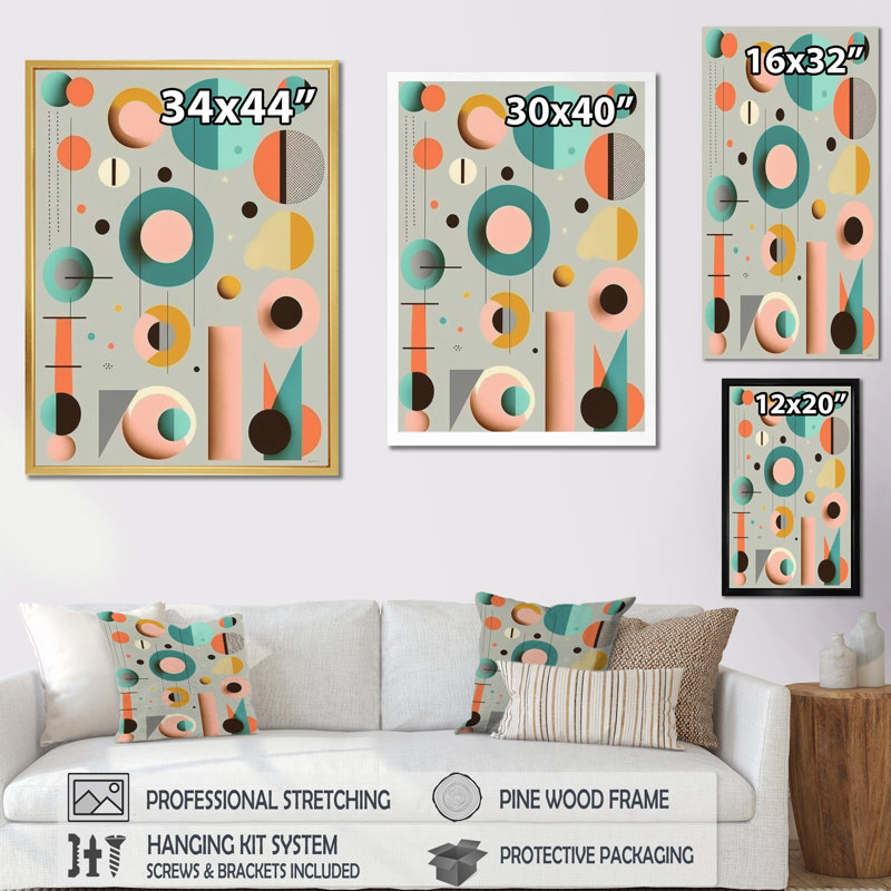 Minimal Circular Geometrics In Faded Retro Pastel - Modern Midcentury Wall Art Prints, H 40 po x l 30 po x P 1,5 po
