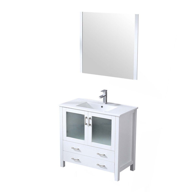 Dessus de meuble-lavabo en céramique, ensemble de robinet et miroir, Blanc, 36"