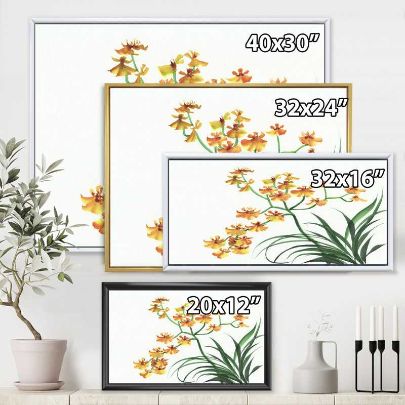 Orchidées jaunes rétro - peinture sur toile, H 12 po x l 20 po x p 1 po, Cadre flottant noir
