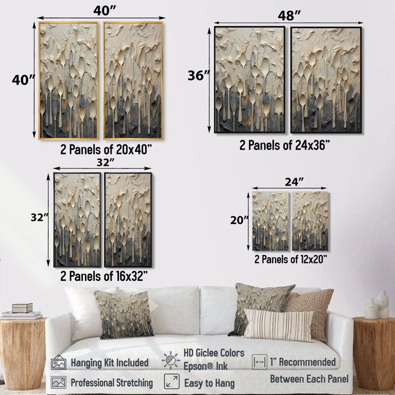 Ustensiles beiges et gris - Ustensiles de grande taille, 32" H x 32" W, Does Not Apply, Framed Wrapped Canvas