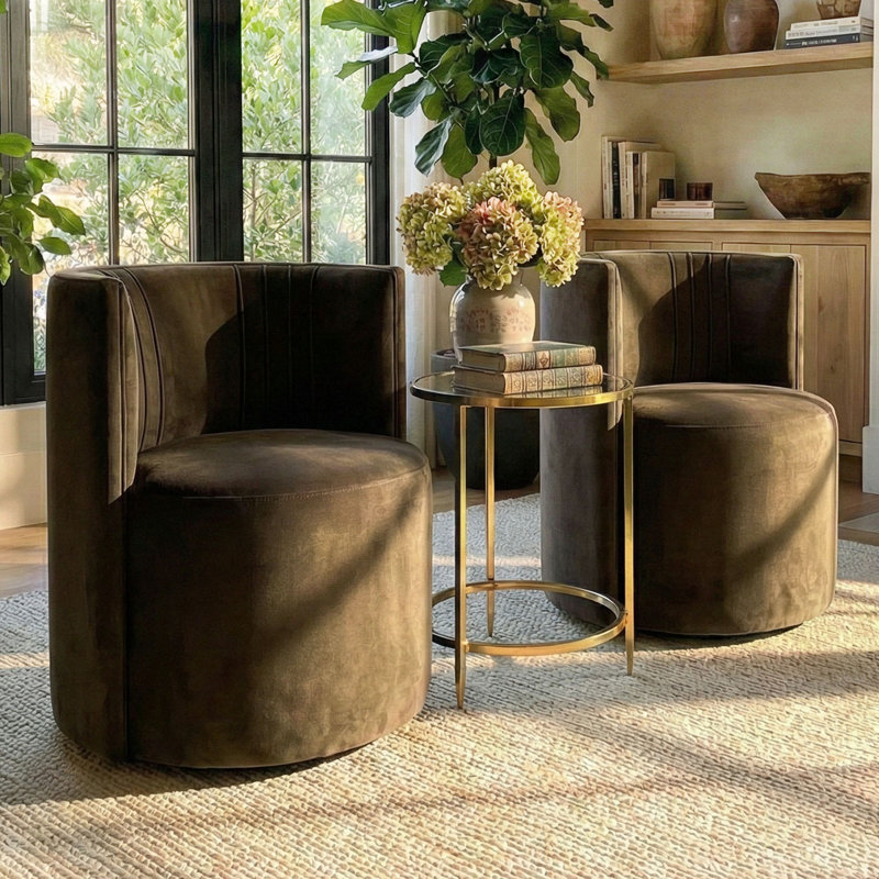 Chaises d'appoint tonneau en velours avec roulettes, Chocolat / Brun
