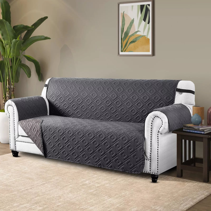 Reversible Waterproof Sofa Cover – Quilted Anti-Slip Couch Protector with Adjustable Strap, Light Grey/Dark Grey