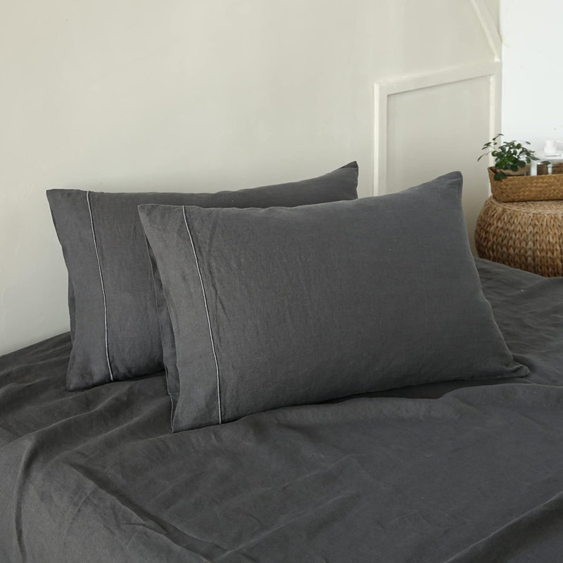 Ensemble de taie d'oreiller 100% lin français avec 2 taies d'oreiller de couleur unie délavées, Taie d'oreiller très grande