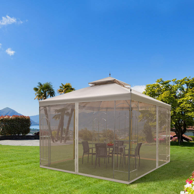 Outsunny Brown Steel Outdoor Patio Gazebo with Mesh Curtains and Shelves