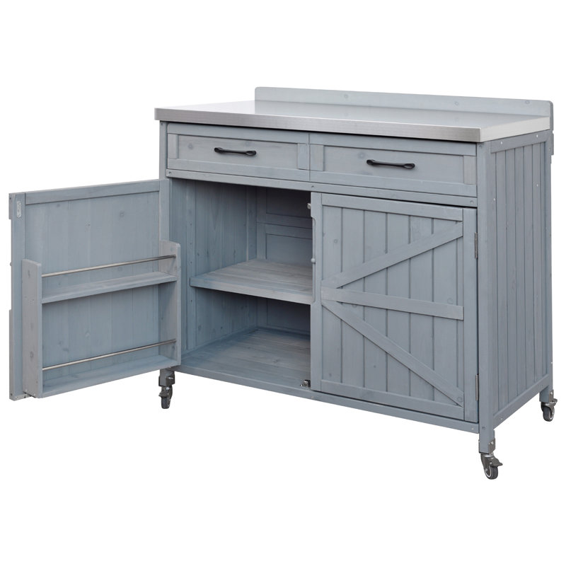 Îlot de cuisine 39,4 po avec plateau en acier inoxydable pour l'extérieur, Bleu