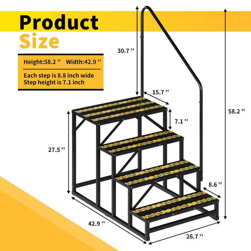 RV Steps with Handrail, 4 Steps Non-Slip Hot Tub Steps,Outdoor RV Stairs for Spa Pool, Camper