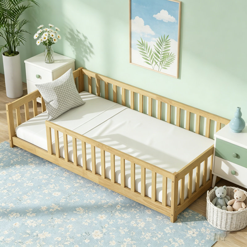 Lit simple au sol avec garde-corps de sécurité, idéal pour la transition des enfants vers un lit indépendant, fabrication en bois d'hévéa robuste