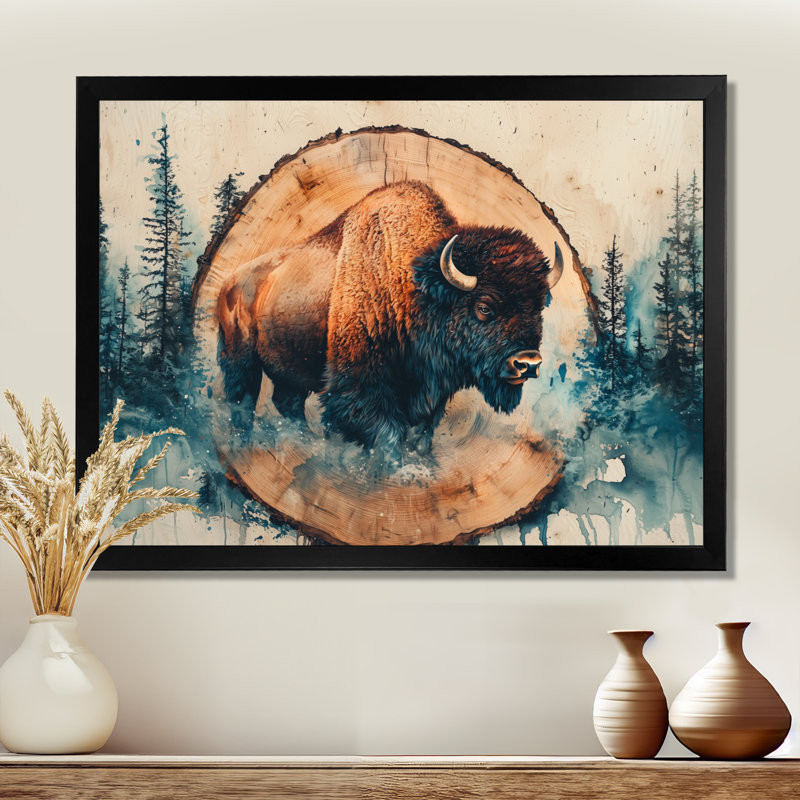 «Marcison Bison In Wood Slide Forest Landscape - Bison Large», art mural, H 30 po x l 40 po, Cadre simple, Noir
